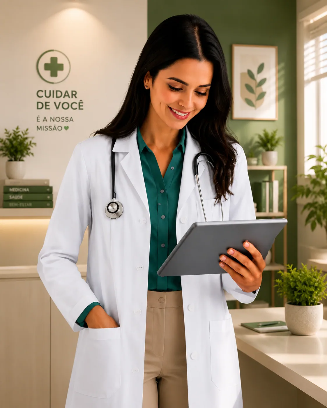 Médica especialista usando o RenvChat no consultório